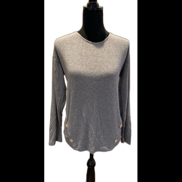 Blu Pepper T Shirt Blouse Size Medium Gray Pullover Patch Elbows Button Sides - Picture 2 of 12